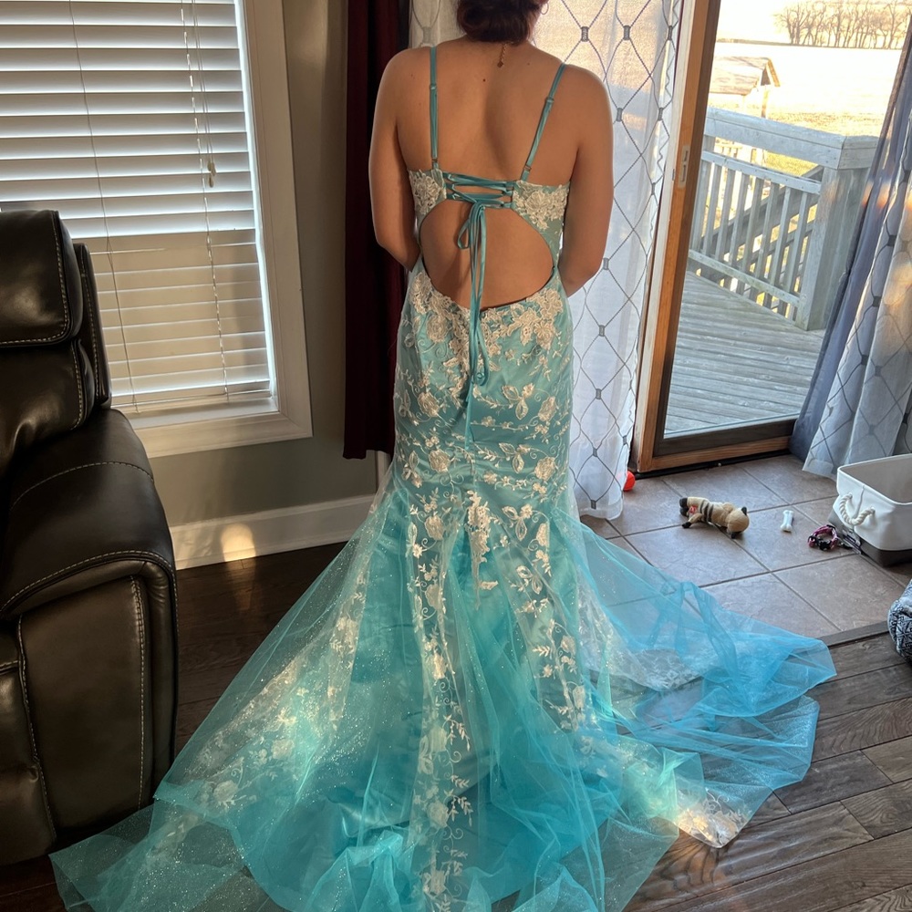 Sheath/column Lace appliqué spaghetti sleevless sweep/brush train Prom dress